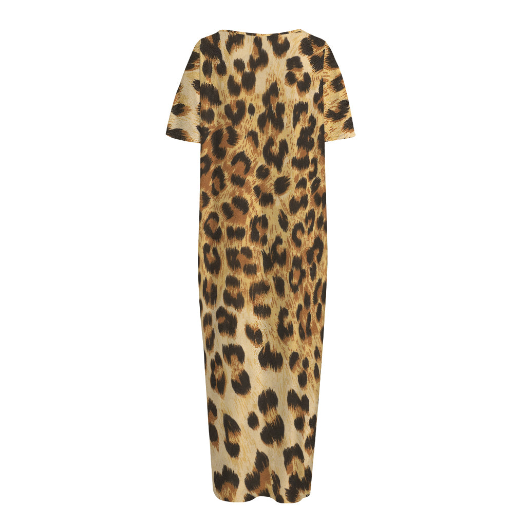 Leopard Pattern Print Short Sleeve Long Nightdress