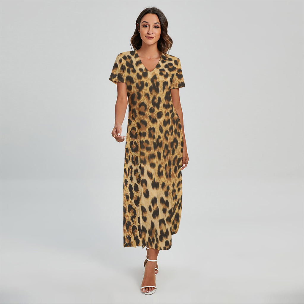 Leopard Pattern Print Short Sleeve Maxi Dress