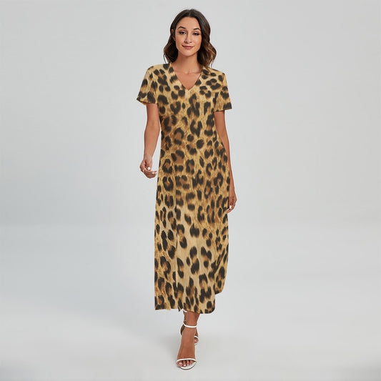 Leopard Pattern Print Short Sleeve Maxi Dress