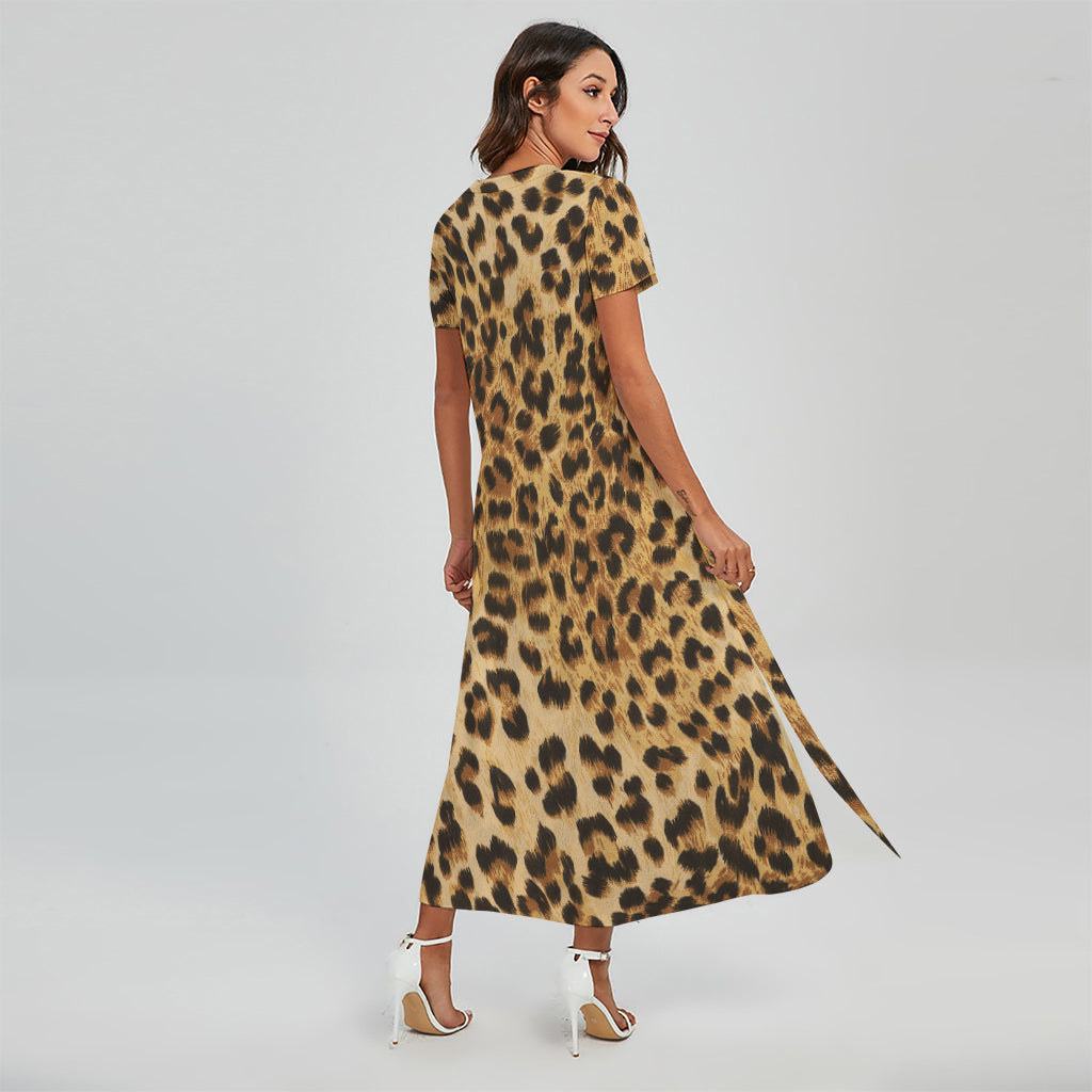 Leopard Pattern Print Short Sleeve Maxi Dress