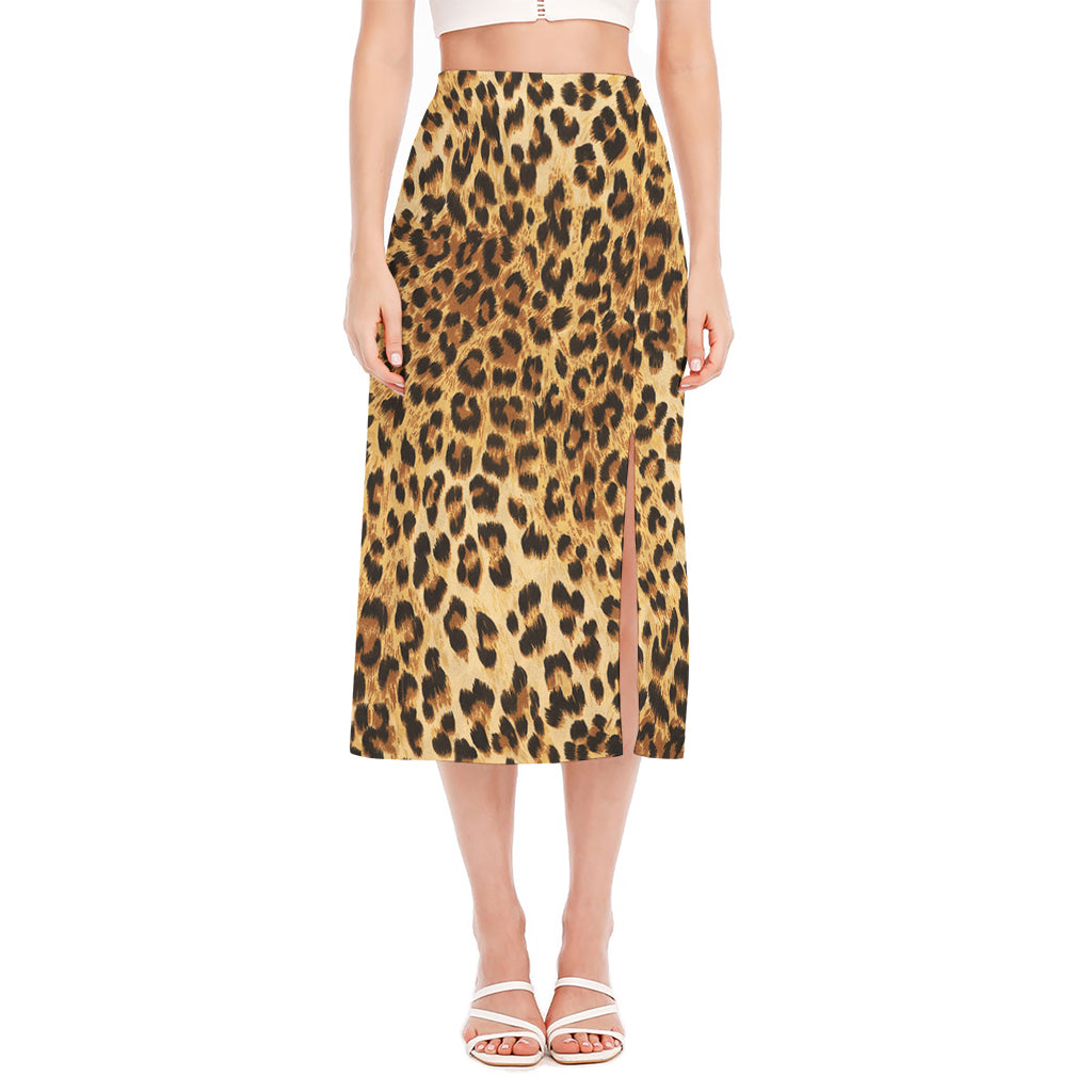 Leopard Pattern Print Side Slit Midi Skirt