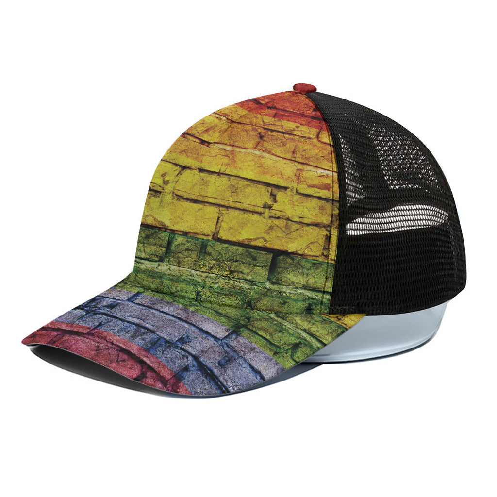 LGBT Pride Rainbow Brick Wall Print Black Mesh Trucker Cap