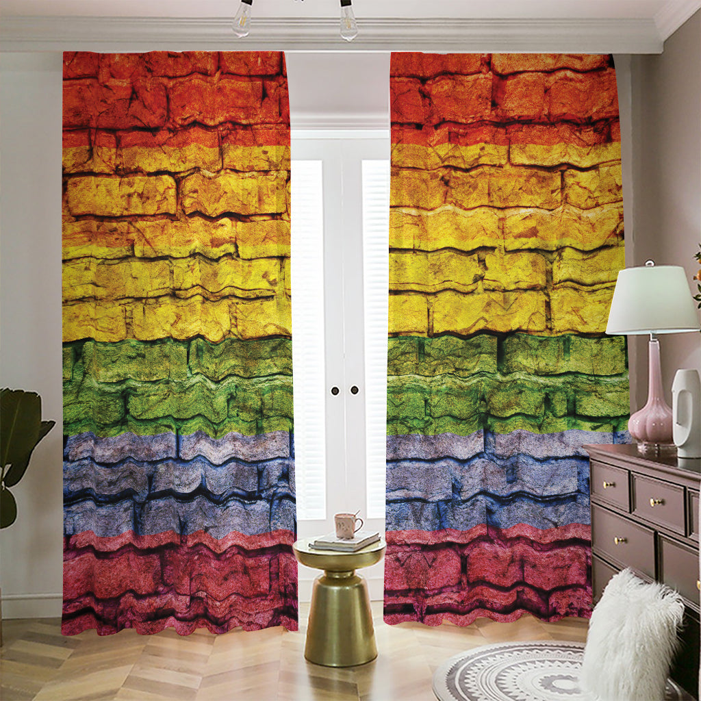 LGBT Pride Rainbow Brick Wall Print Blackout Pencil Pleat Curtains