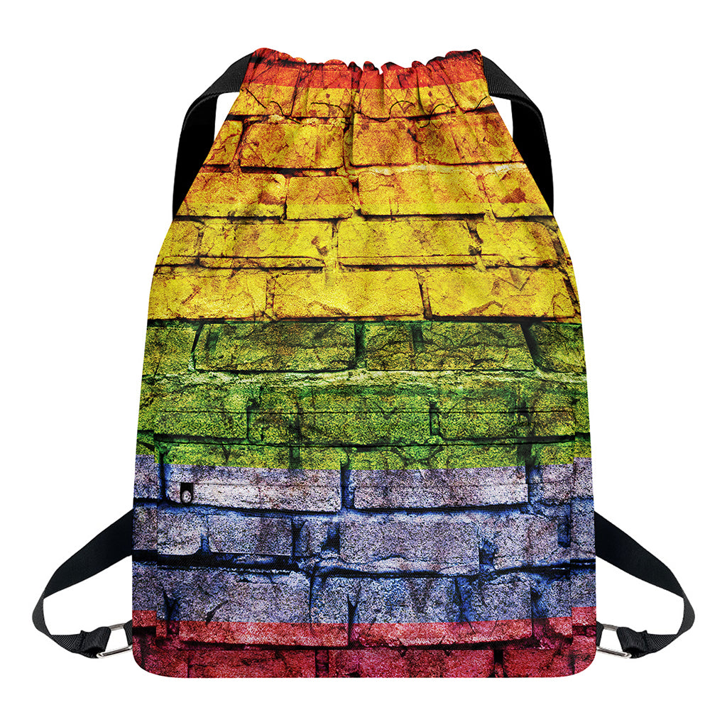 LGBT Pride Rainbow Brick Wall Print Drawstring Backpack