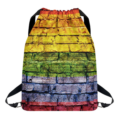 LGBT Pride Rainbow Brick Wall Print Drawstring Backpack