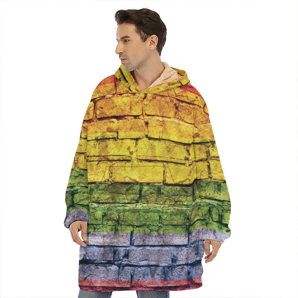 LGBT Pride Rainbow Brick Wall Print Hoodie Blanket