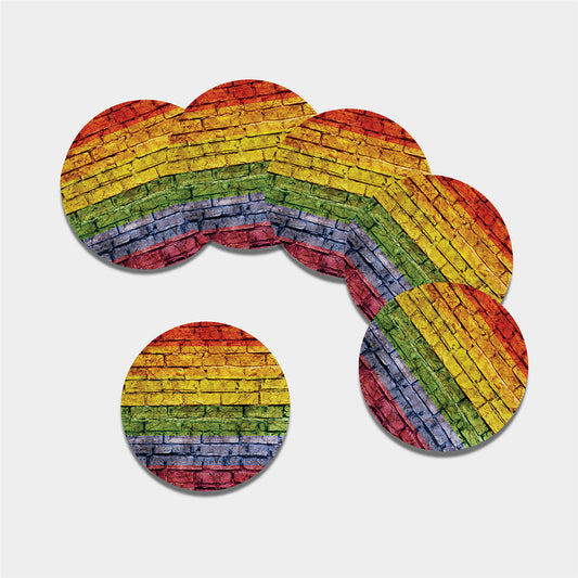 LGBT Pride Rainbow Brick Wall Print Leather Coaster Set