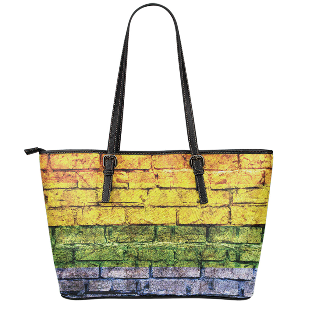 LGBT Pride Rainbow Brick Wall Print Leather Tote Bag