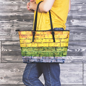 LGBT Pride Rainbow Brick Wall Print Leather Tote Bag