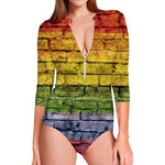 LGBT Pride Rainbow Brick Wall Print Long Sleeve Swimsuit