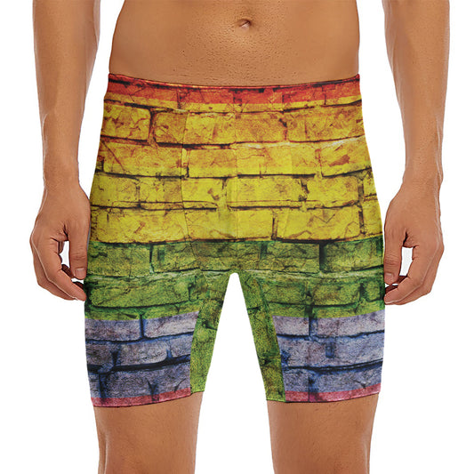 LGBT Pride Rainbow Brick Wall Print Men's Long Boxer Briefs