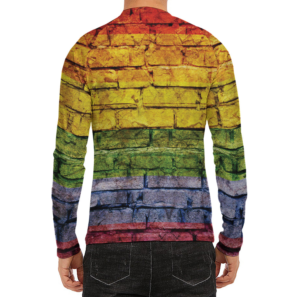 LGBT Pride Rainbow Brick Wall Print Men's Long Sleeve Rash Guard