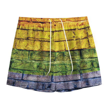 LGBT Pride Rainbow Brick Wall Print Mesh Shorts