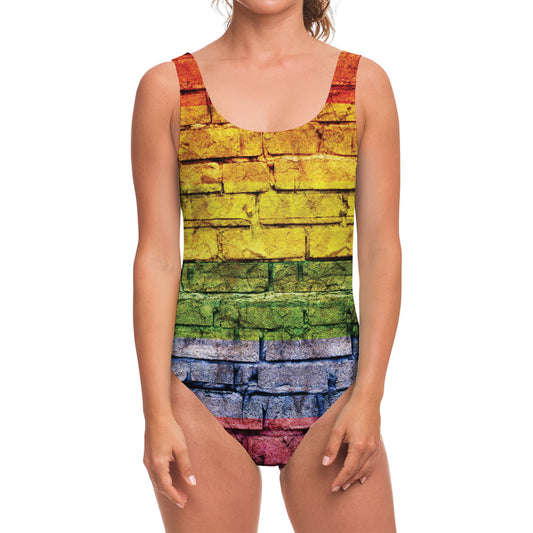 LGBT Pride Rainbow Brick Wall Print One Piece Swimsuit