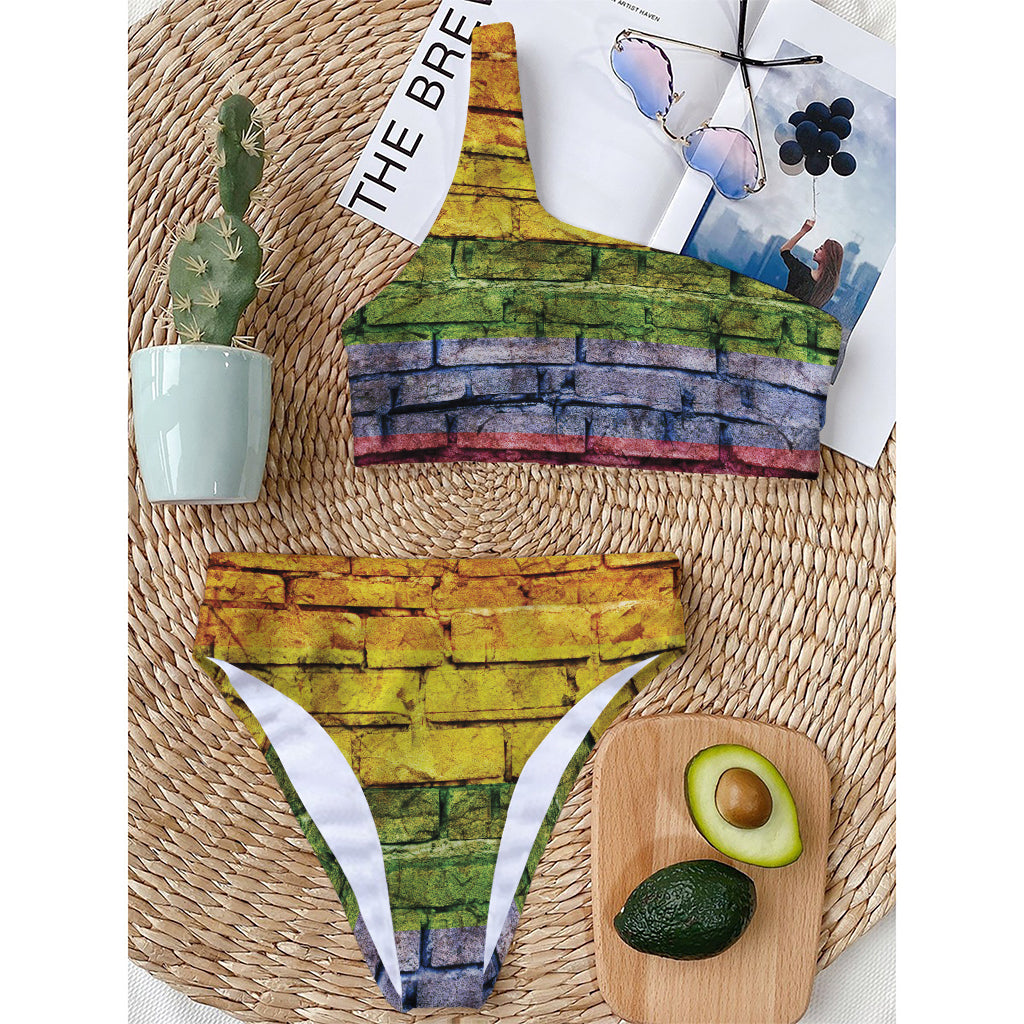 LGBT Pride Rainbow Brick Wall Print One Shoulder Bikini Top