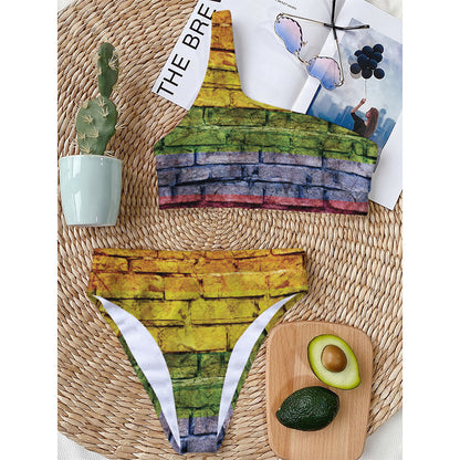 LGBT Pride Rainbow Brick Wall Print One Shoulder Bikini Top
