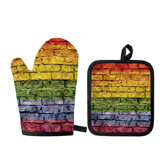 LGBT Pride Rainbow Brick Wall Print Oven Mitt And Pot Holder Set