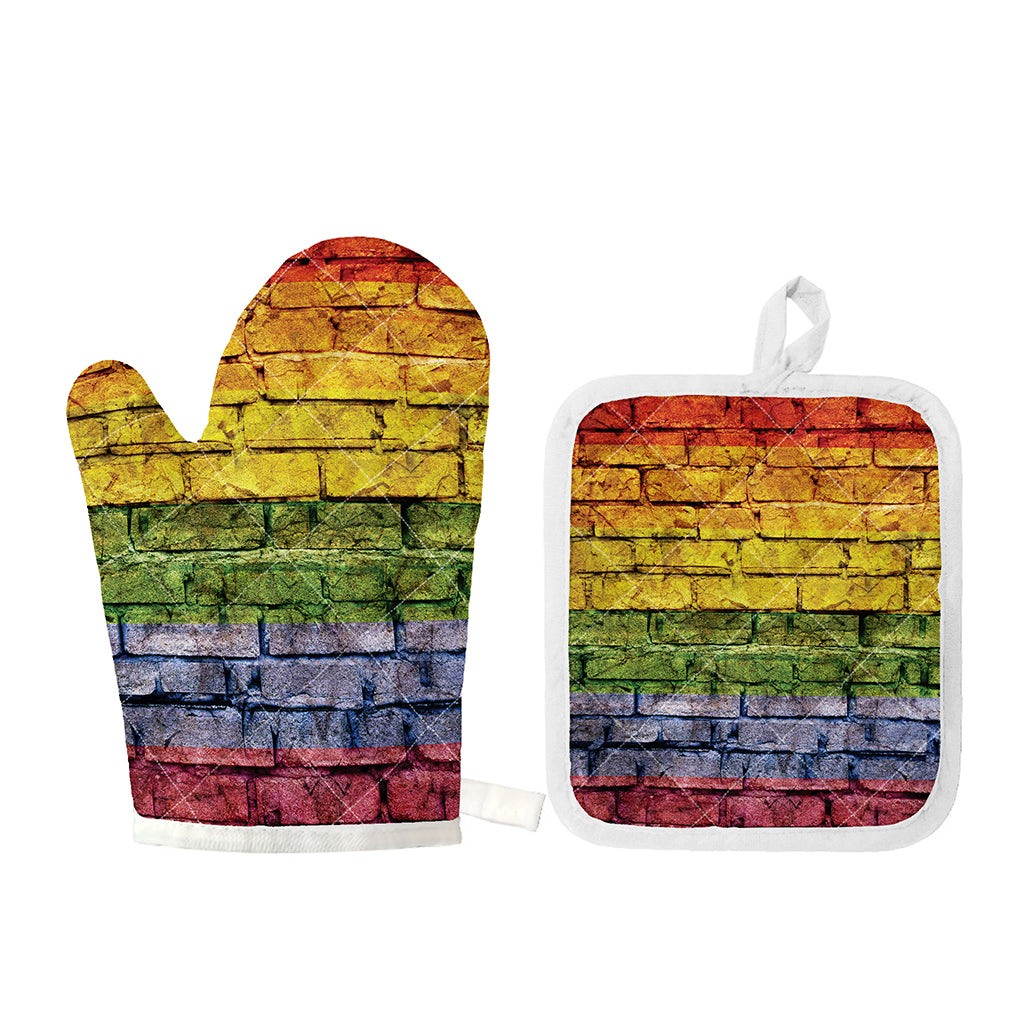 LGBT Pride Rainbow Brick Wall Print Oven Mitt And Pot Holder Set