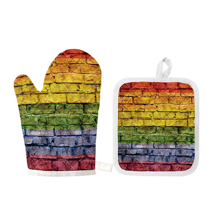 LGBT Pride Rainbow Brick Wall Print Oven Mitt And Pot Holder Set