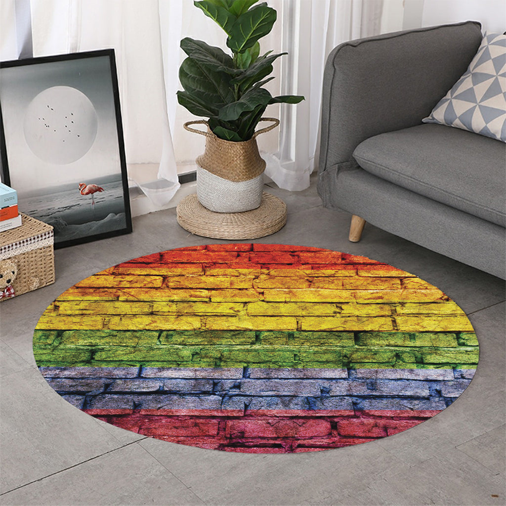 LGBT Pride Rainbow Brick Wall Print Round Rug