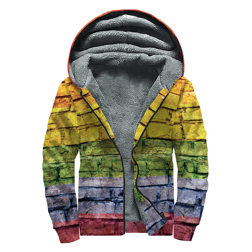 LGBT Pride Rainbow Brick Wall Print Sherpa Lined Zip Up Hoodie