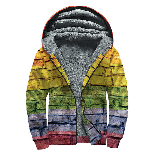 LGBT Pride Rainbow Brick Wall Print Sherpa Lined Zip Up Hoodie
