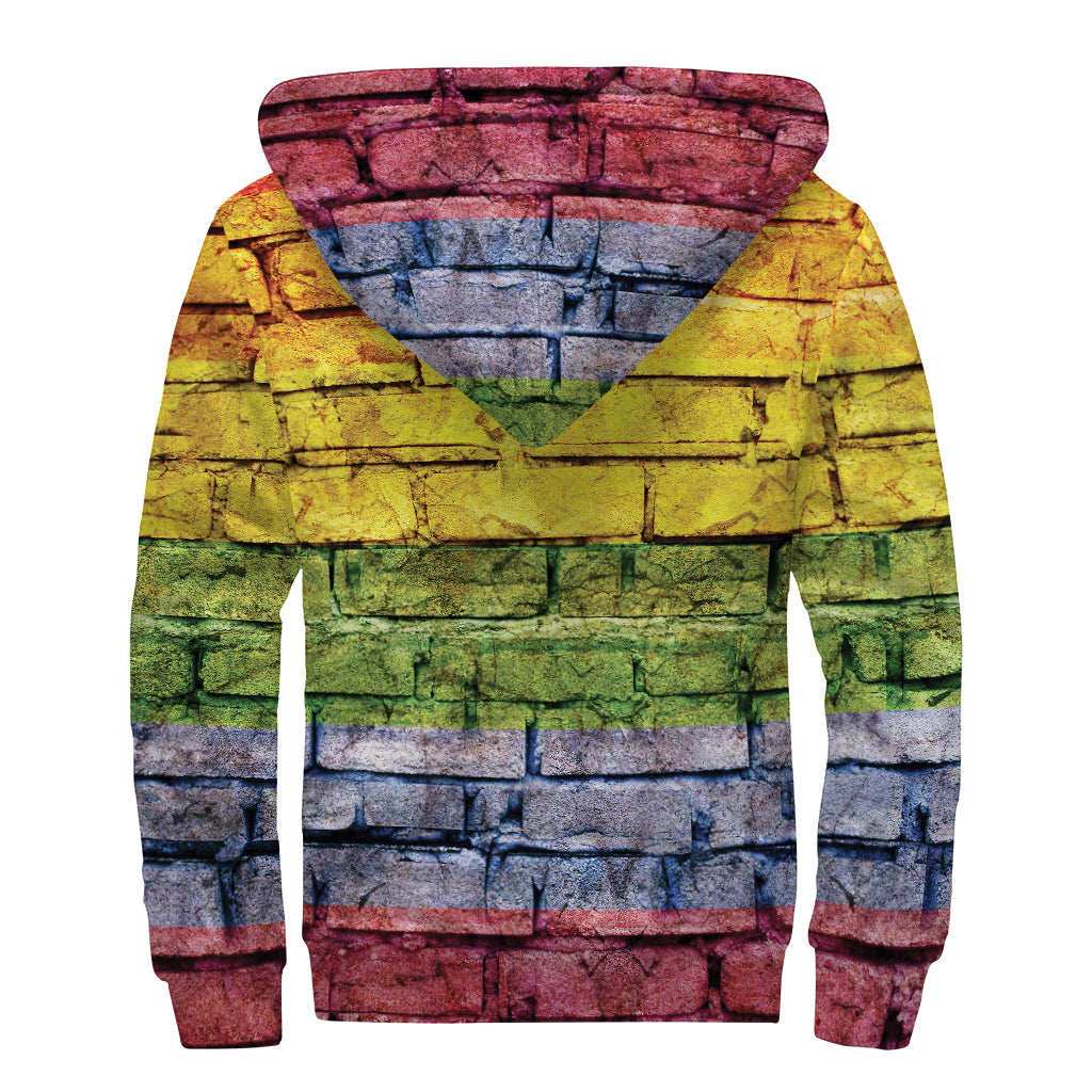 LGBT Pride Rainbow Brick Wall Print Sherpa Lined Zip Up Hoodie