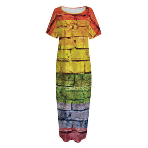 LGBT Pride Rainbow Brick Wall Print Short Sleeve Long Nightdress