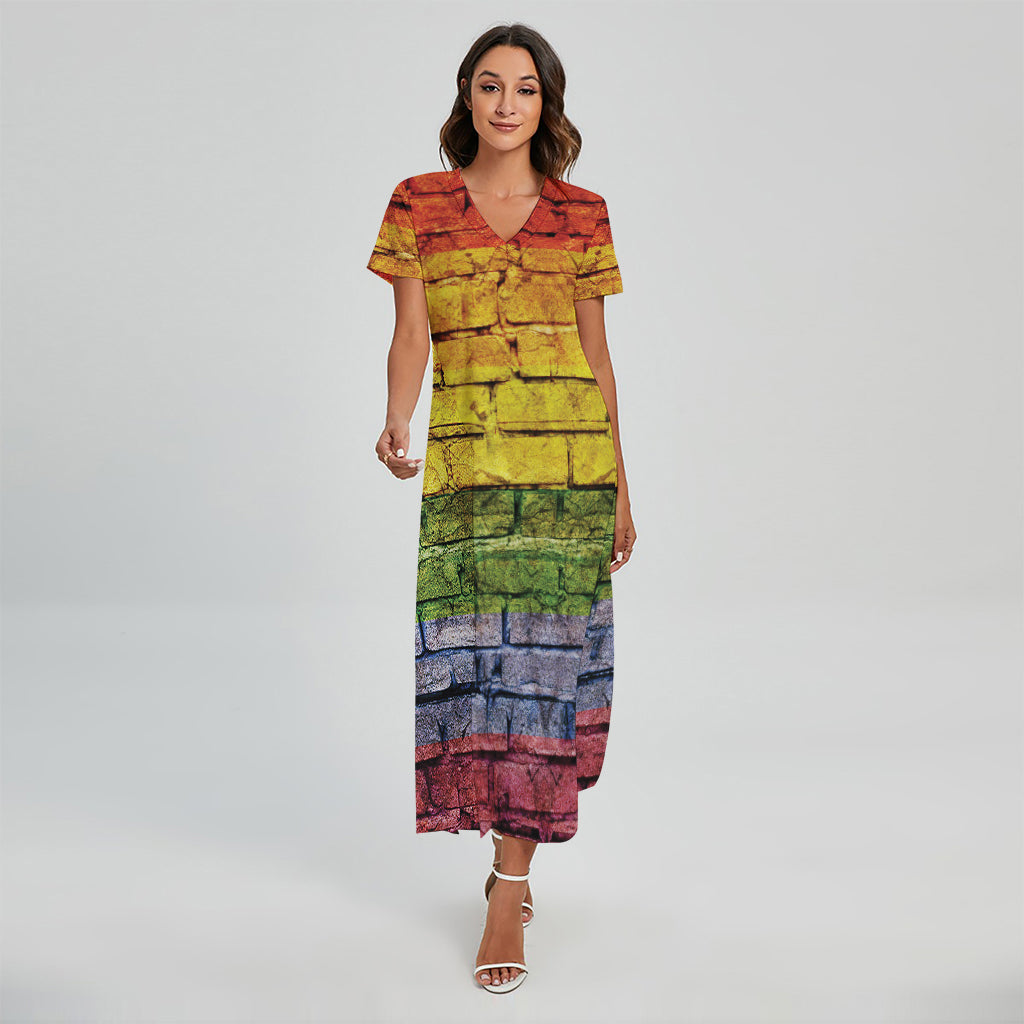 LGBT Pride Rainbow Brick Wall Print Short Sleeve Maxi Dress