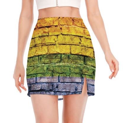 LGBT Pride Rainbow Brick Wall Print Side Slit Mini Skirt