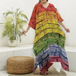 LGBT Pride Rainbow Brick Wall Print Silk V-Neck Kaftan Dress