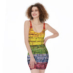 LGBT Pride Rainbow Brick Wall Print Sleeveless Bodycon Dress