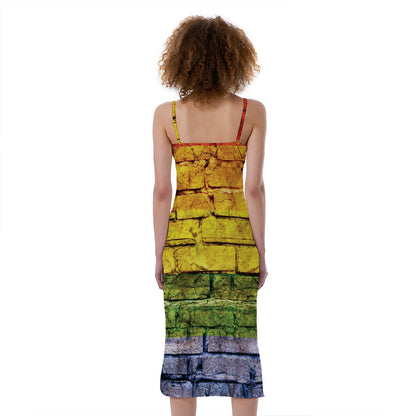 LGBT Pride Rainbow Brick Wall Print Slim Fit Midi Cami Dress