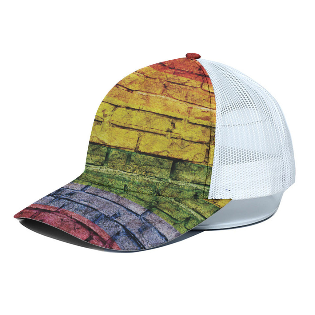 LGBT Pride Rainbow Brick Wall Print White Mesh Trucker Cap