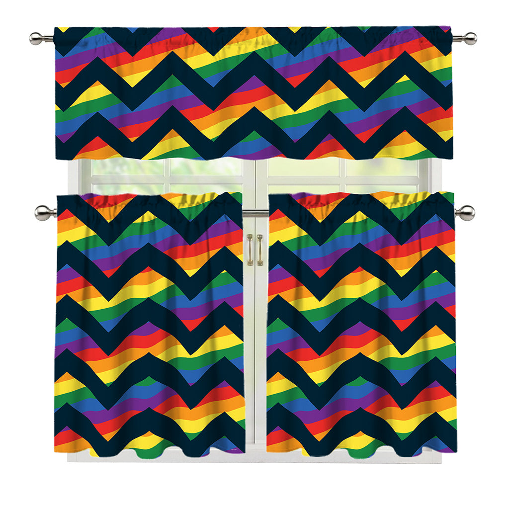 LGBT Pride Rainbow Chevron Pattern Print 3 Piece Kitchen Curtains
