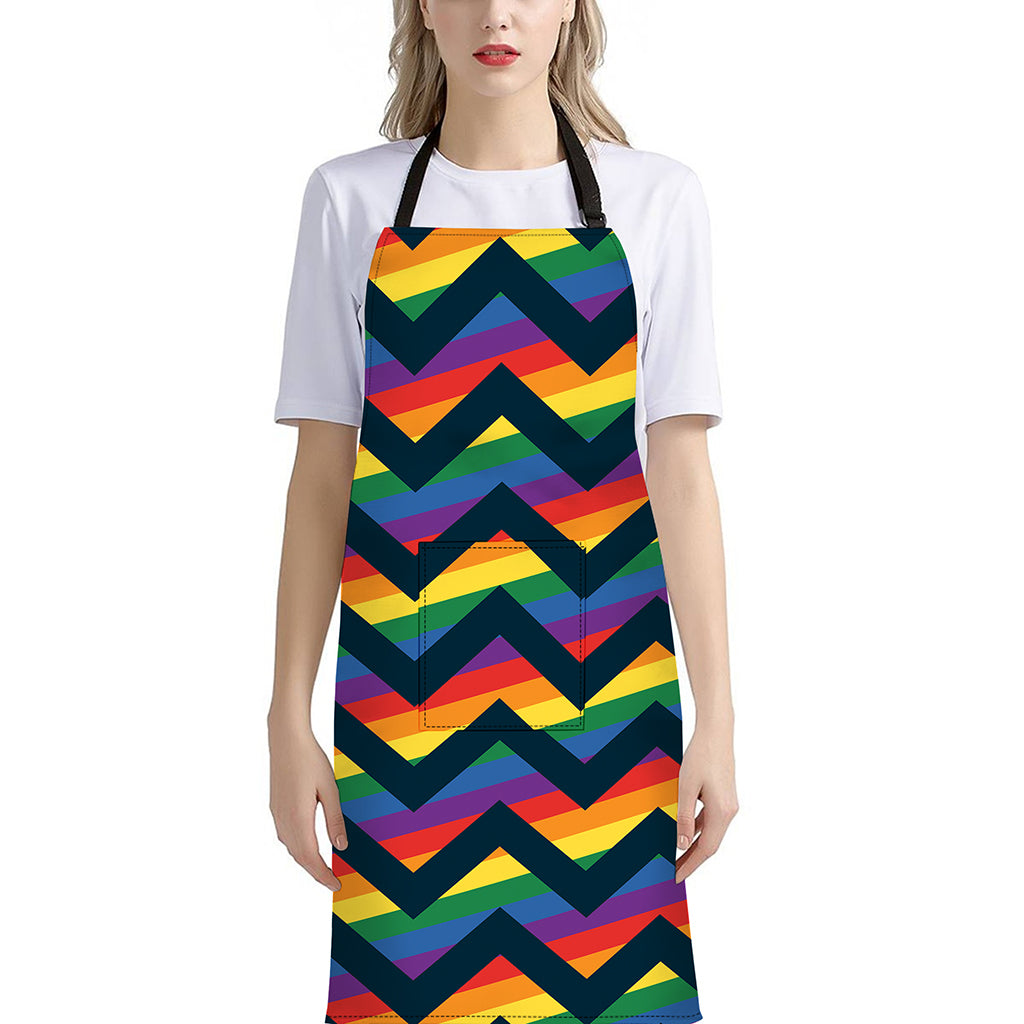LGBT Pride Rainbow Chevron Pattern Print Bib Apron With Pocket