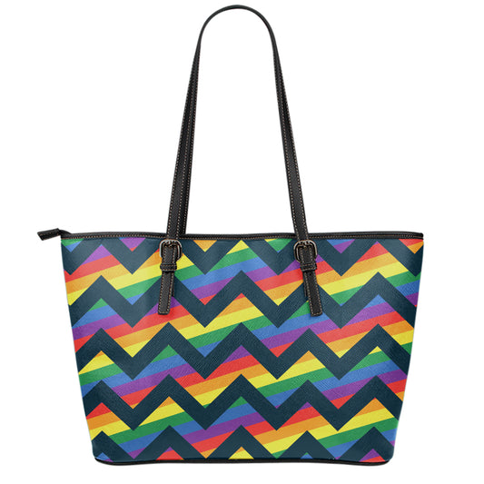 LGBT Pride Rainbow Chevron Pattern Print Leather Tote Bag