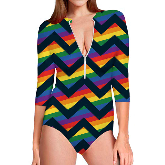 LGBT Pride Rainbow Chevron Pattern Print Long Sleeve Swimsuit
