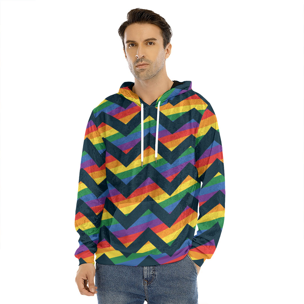 LGBT Pride Rainbow Chevron Pattern Print Men's Velvet Pullover Hoodie