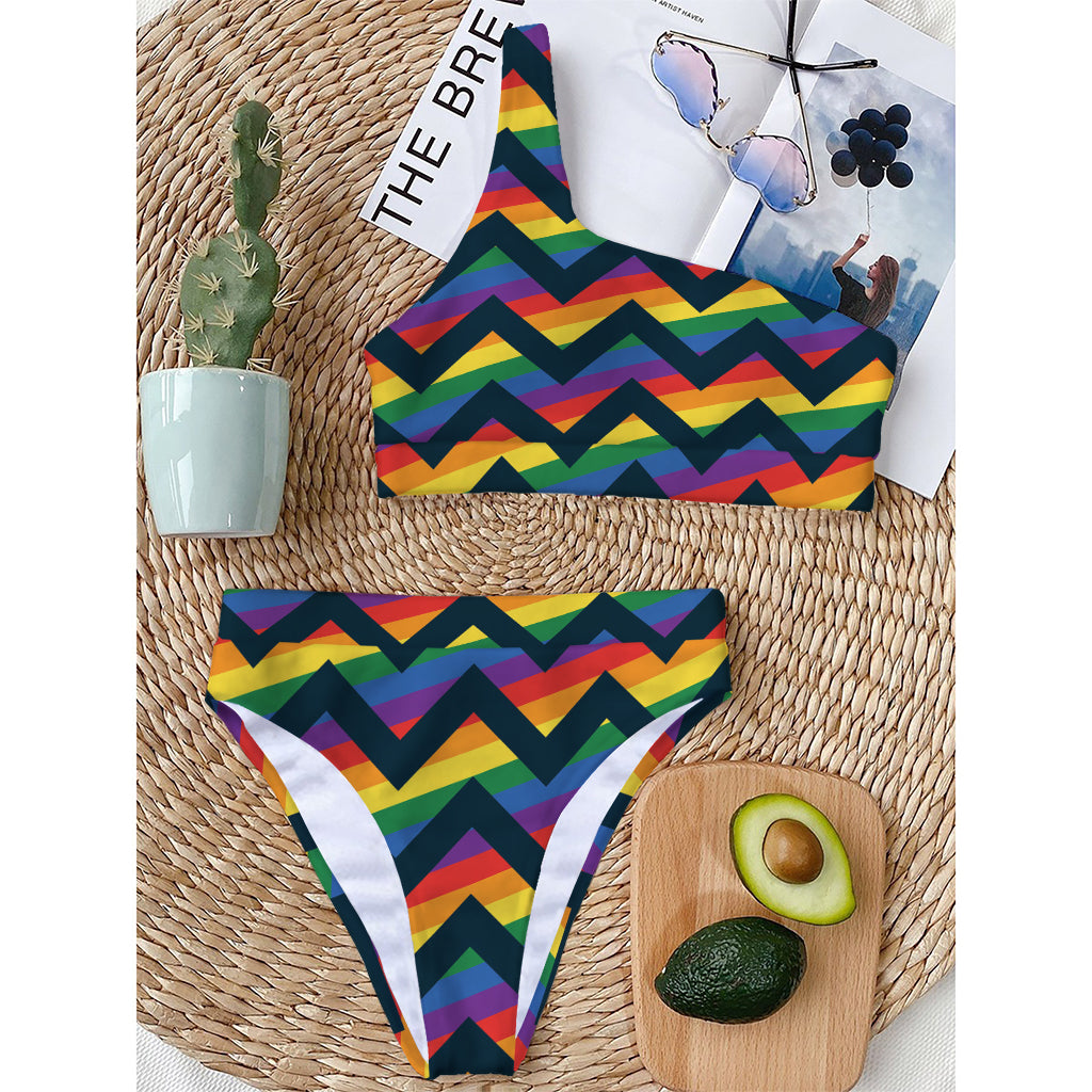 LGBT Pride Rainbow Chevron Pattern Print One Shoulder Bikini Top