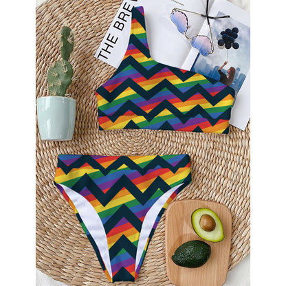 LGBT Pride Rainbow Chevron Pattern Print One Shoulder Bikini Top