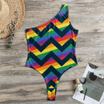LGBT Pride Rainbow Chevron Pattern Print One Shoulder Bodysuit