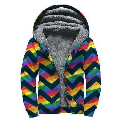 LGBT Pride Rainbow Chevron Pattern Print Sherpa Lined Zip Up Hoodie