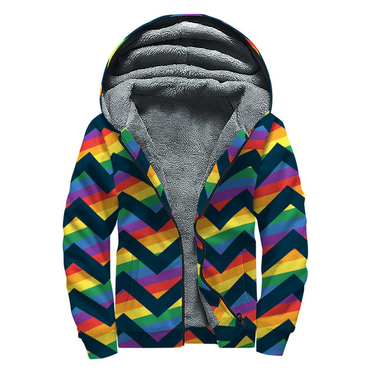 LGBT Pride Rainbow Chevron Pattern Print Sherpa Lined Zip Up Hoodie
