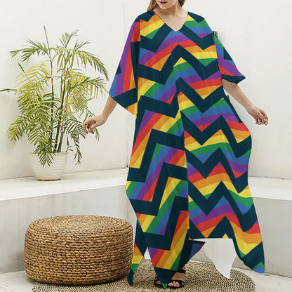 LGBT Pride Rainbow Chevron Pattern Print Silk V-Neck Kaftan Dress