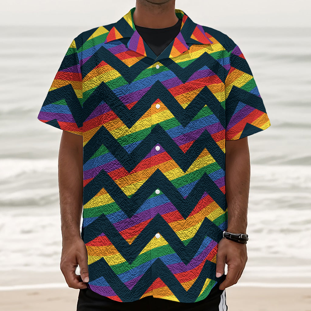 LGBT Pride Rainbow Chevron Pattern Print Textured Short Sleeve Shirt