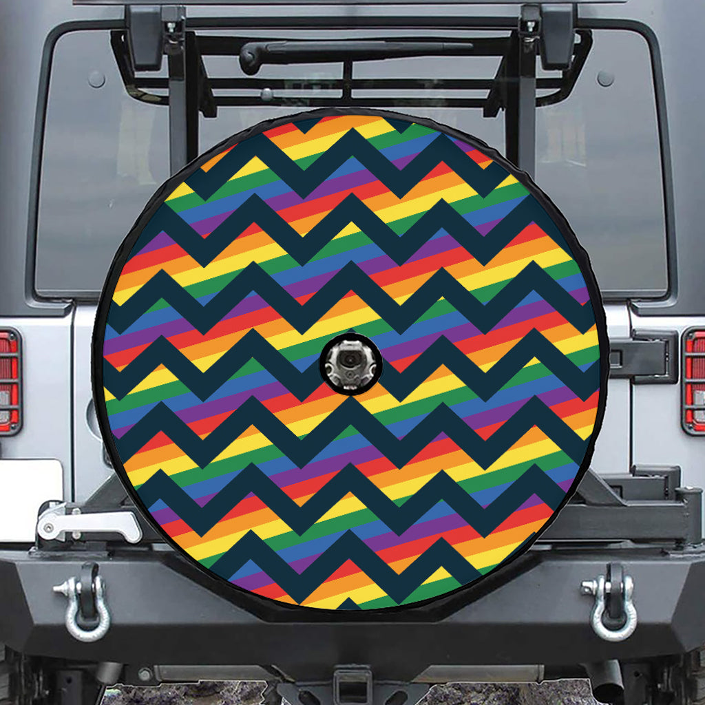 LGBT Pride Rainbow Chevron Pattern Print Tire Cover With Camera Hole