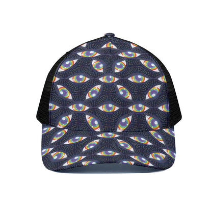 LGBT Pride Rainbow Eyes Pattern Print Black Mesh Trucker Cap