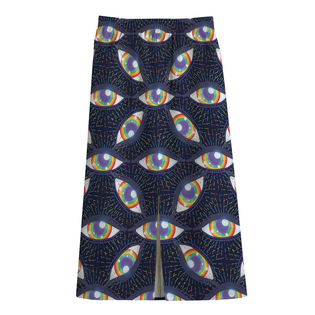 LGBT Pride Rainbow Eyes Pattern Print Cotton Front Slit Maxi Skirt