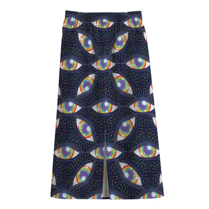 LGBT Pride Rainbow Eyes Pattern Print Cotton Front Slit Maxi Skirt